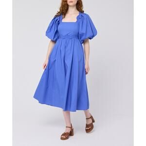 Joanie Stella Puff Sleeve Midaxi Dress Blue Cotton Smocked Pockets SZ 14 US